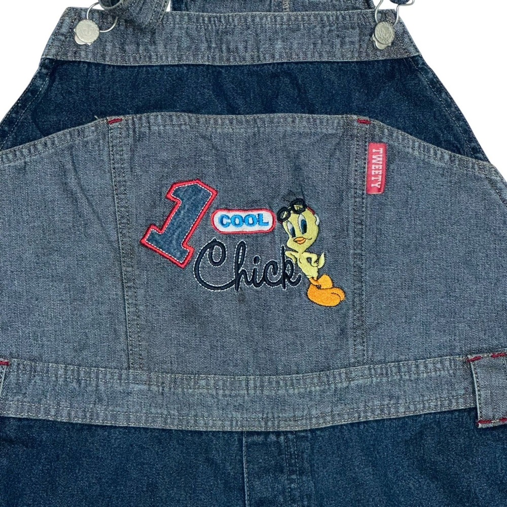 VTG 90's Looney Tunes‎ Bib Overalls Short Tweety Bird Denim Blue Jean  22W-24W
